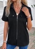 Black Zipper Short Sleeve Turn Down Collar Blouse