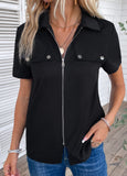 Black Zipper Short Sleeve Turn Down Collar Blouse