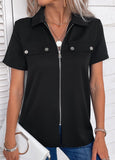 Black Zipper Short Sleeve Turn Down Collar Blouse