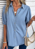 Button Half Sleeve Shirt Collar Denim  Blouse