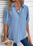 Button Half Sleeve Shirt Collar Denim  Blouse