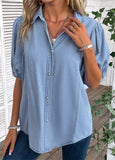 Button Half Sleeve Shirt Collar Denim  Blouse