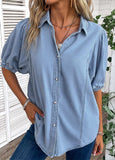 Button Half Sleeve Shirt Collar Denim  Blouse