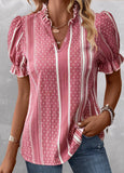 Frill Striped Short Sleeve Split Neck Blouse