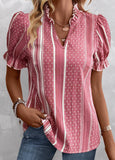 Frill Striped Short Sleeve Split Neck Blouse