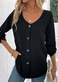 Button Long Sleeve Scoop Neck Blouse