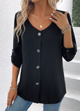 Button Long Sleeve Scoop Neck Blouse