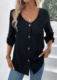 Button Long Sleeve Scoop Neck Blouse