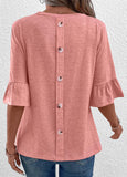 Pink Button Three Quarter Length Sleeve T Shirt