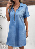 Shirt Collar Dusty Blue Pocket Short Dress