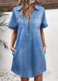 Shirt Collar Dusty Blue Pocket Short Dress