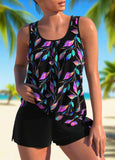 Asymmetry High Waisted Leaf Print Black Tankini Set