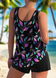 Asymmetry High Waisted Leaf Print Black Tankini Set