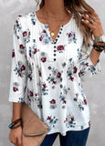 White Tuck Stitch Floral Print Blouse