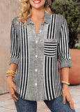 Patchwork Striped Long Sleeve Shirt Collar Blouse