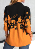 Halloween Pumpkin Print  Button Long Sleeve Blouse