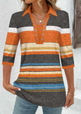 Orange Eyelet Striped Three Quarter Length Sleeve Blouse