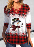 Red Criss Cross Snowman Print Long Sleeve T Shirt