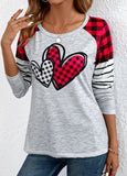 Grey Patchwork Plaid Long Sleeve Round Neck T Shirt