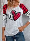 Grey Patchwork Plaid Long Sleeve Round Neck T Shirt