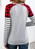 Grey Patchwork Plaid Long Sleeve Round Neck T Shirt