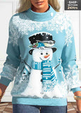 Light Blue Button Christmas Snowman Print Long Sleeve Sweatshirt