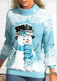 Light Blue Button Christmas Snowman Print Long Sleeve Sweatshirt