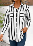 Black Pocket Striped Long Sleeve Shirt Collar Blouse