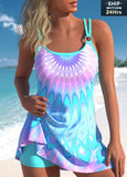 Tummy Coverage Circular Ring  Geometric Print Swimdress  Set