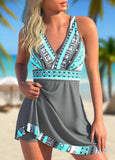 Criss Cross Tribal Print Dark Grey Swimdress and Shorts