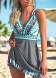 Criss Cross Tribal Print Dark Grey Swimdress and Shorts