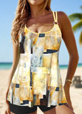 Patchwork Geometric Print Light Yellow Tankini Top