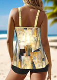 Patchwork Geometric Print Light Yellow Tankini Top