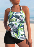 Criss Cross Leaf Print Blackish Green Tankini Top