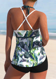 Criss Cross Leaf Print Blackish Green Tankini Top