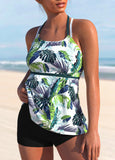 Criss Cross Leaf Print Blackish Green Tankini Top