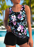 Bowknot Floral Print Black Tankini Set