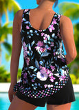 Bowknot Floral Print Black Tankini Set