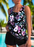 Bowknot Floral Print Black Tankini Set