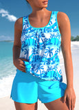 Bowknot Tropical Plants Print Cyan Tankini Set