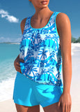 Bowknot Tropical Plants Print Cyan Tankini Set