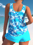 Bowknot Tropical Plants Print Cyan Tankini Set