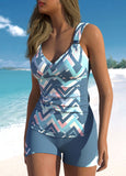 Patchwork Geometric Print Dusty Blue Tankini Set