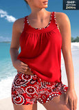 Bowknot Paisley Print Red Tankini Set