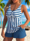 Lace Up Striped Blue Tankini Set