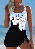 Tie Black Floral Print One Piece Swimdres