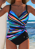 Surplice Dazzle Colorful Print Black One Piece Swimwear