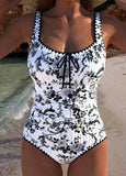 Drawstring Random Floral Print Black One Piece Swimwear