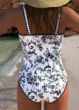 Drawstring Random Floral Print Black One Piece Swimwear