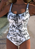 Drawstring Random Floral Print Black One Piece Swimwear